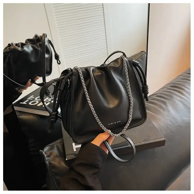 Women's Black Pleated Shoulder Bag with Chain Strap — feature 21