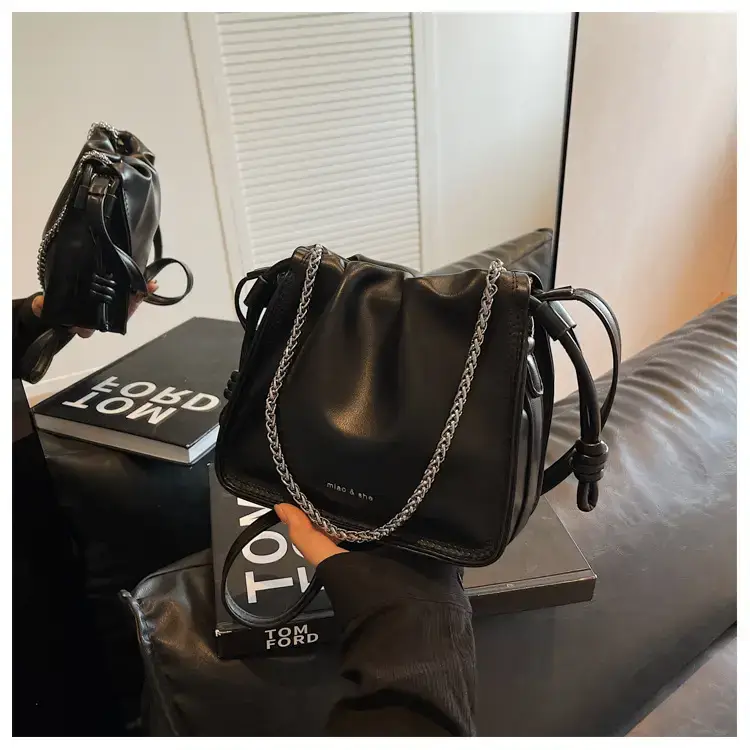 Women's Black Pleated Shoulder Bag with Chain Strap — feature 22