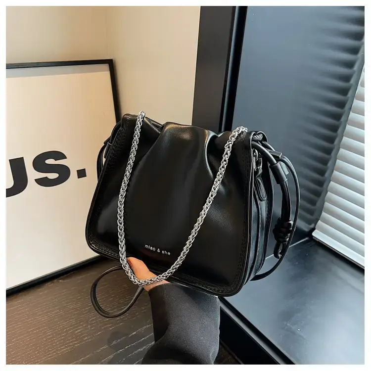 Women's Black Pleated Shoulder Bag with Chain Strap — feature 23