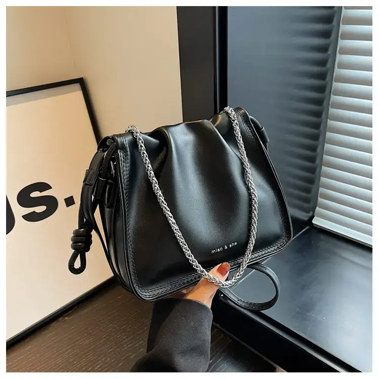 Women's Black Pleated Shoulder Bag with Chain Strap — feature 24