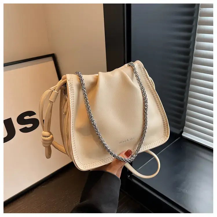 Women's Black Pleated Shoulder Bag with Chain Strap — feature 26