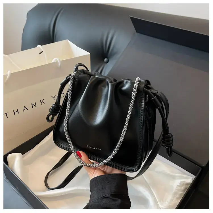 Women's Black Pleated Shoulder Bag with Chain Strap — feature 27