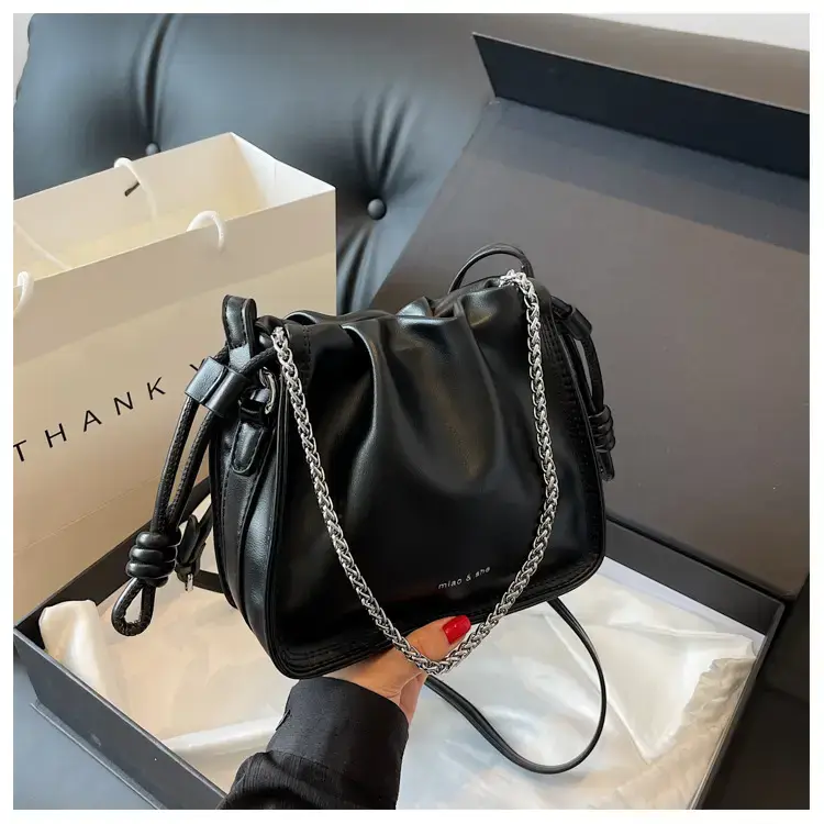 Women's Black Pleated Shoulder Bag with Chain Strap — feature 28