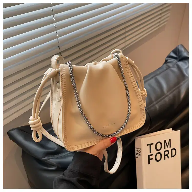 Women's Black Pleated Shoulder Bag with Chain Strap — feature 32