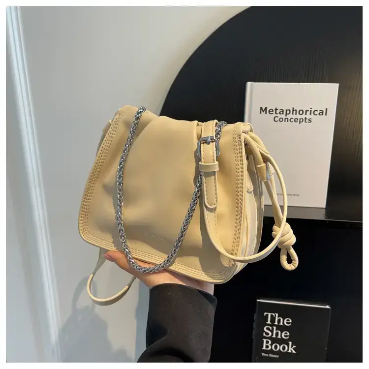 Women's Black Pleated Shoulder Bag with Chain Strap — feature 35