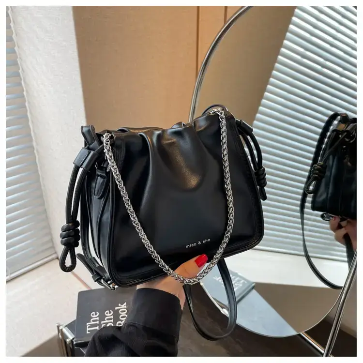 Women's Black Pleated Shoulder Bag with Chain Strap — feature 37
