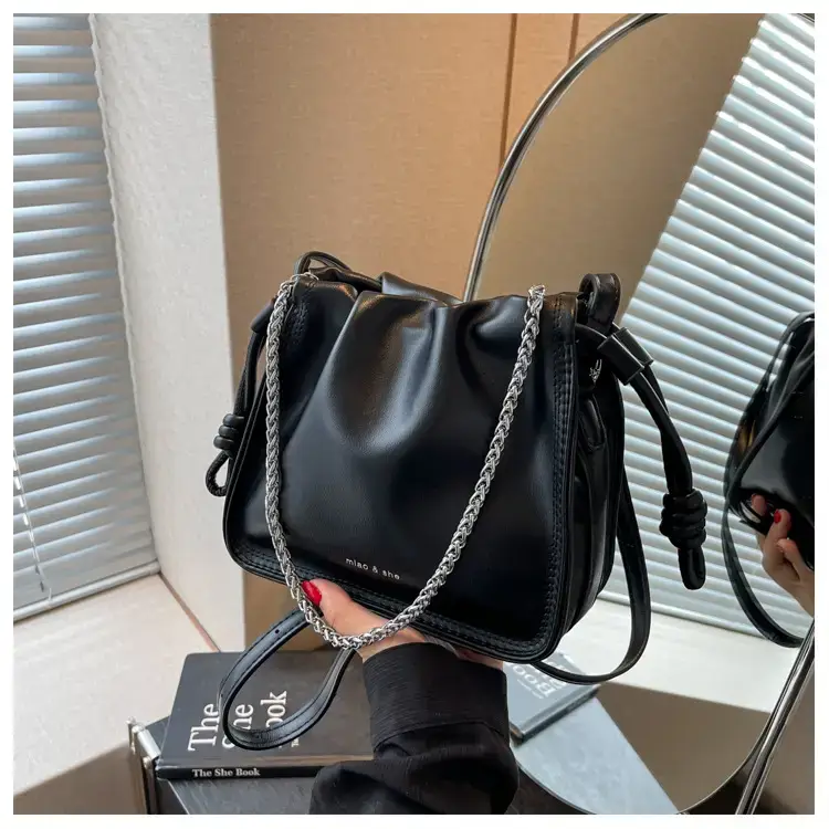 Women's Black Pleated Shoulder Bag with Chain Strap — feature 38
