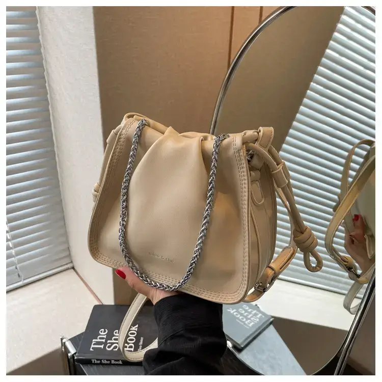 Women's Black Pleated Shoulder Bag with Chain Strap — feature 39