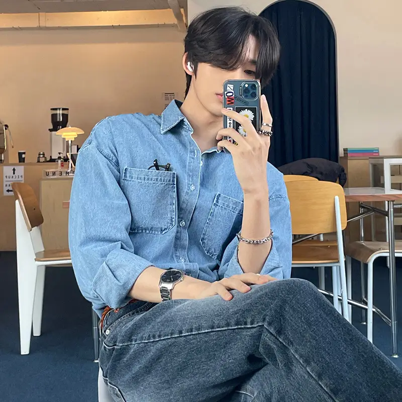 Men's 2023 Korean Style Denim Shirt Long Sleeve Loose Fit - Image 2