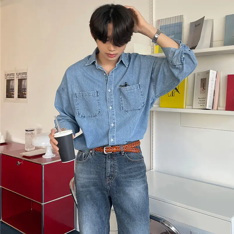 Men's 2023 Korean Style Denim Shirt Long Sleeve Loose Fit - Image 3