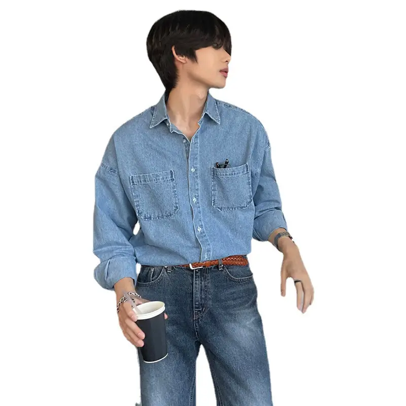Men's 2023 Korean Style Denim Shirt Long Sleeve Loose Fit - Image 5