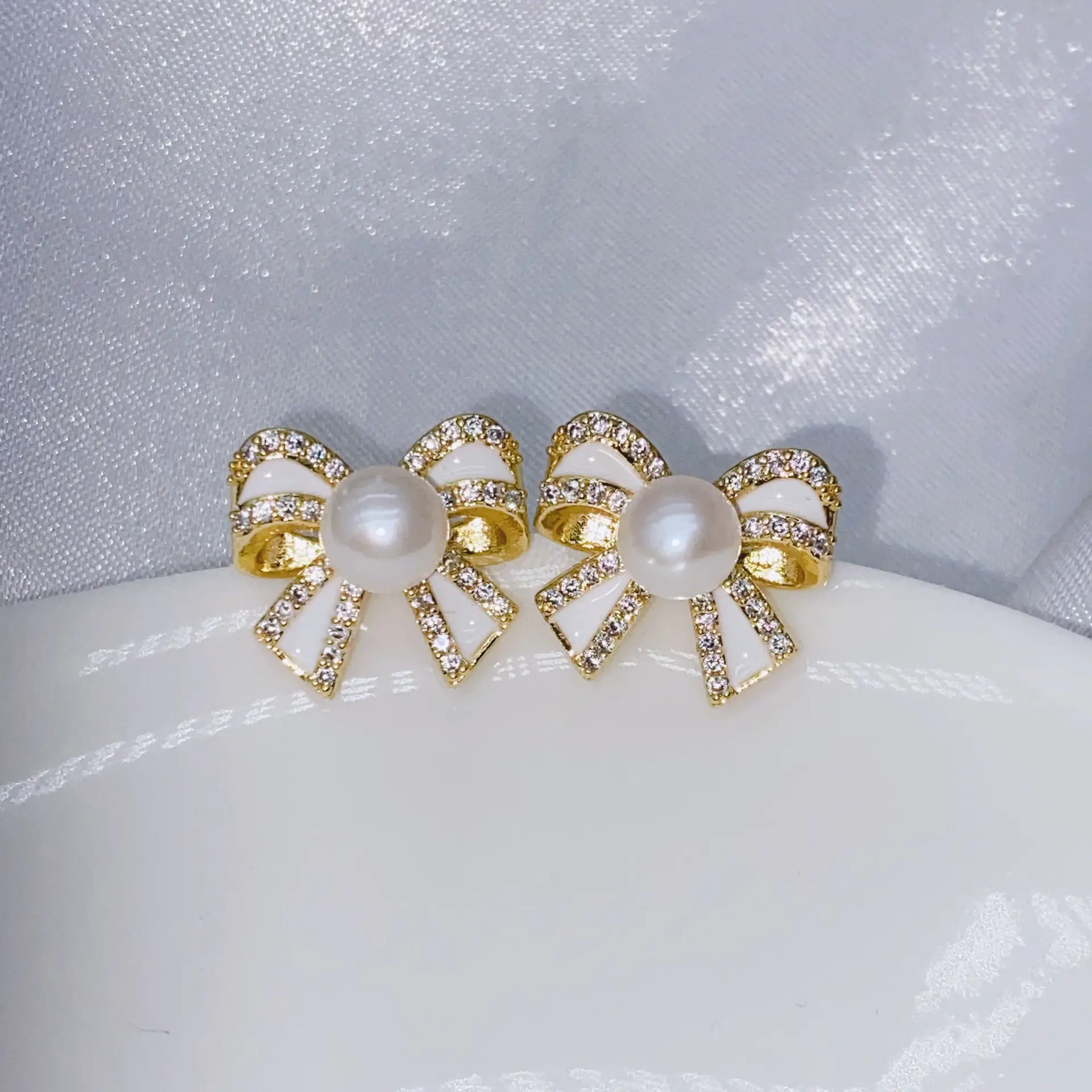 S925 Gold Plated Pearl Bow Earrings for Women