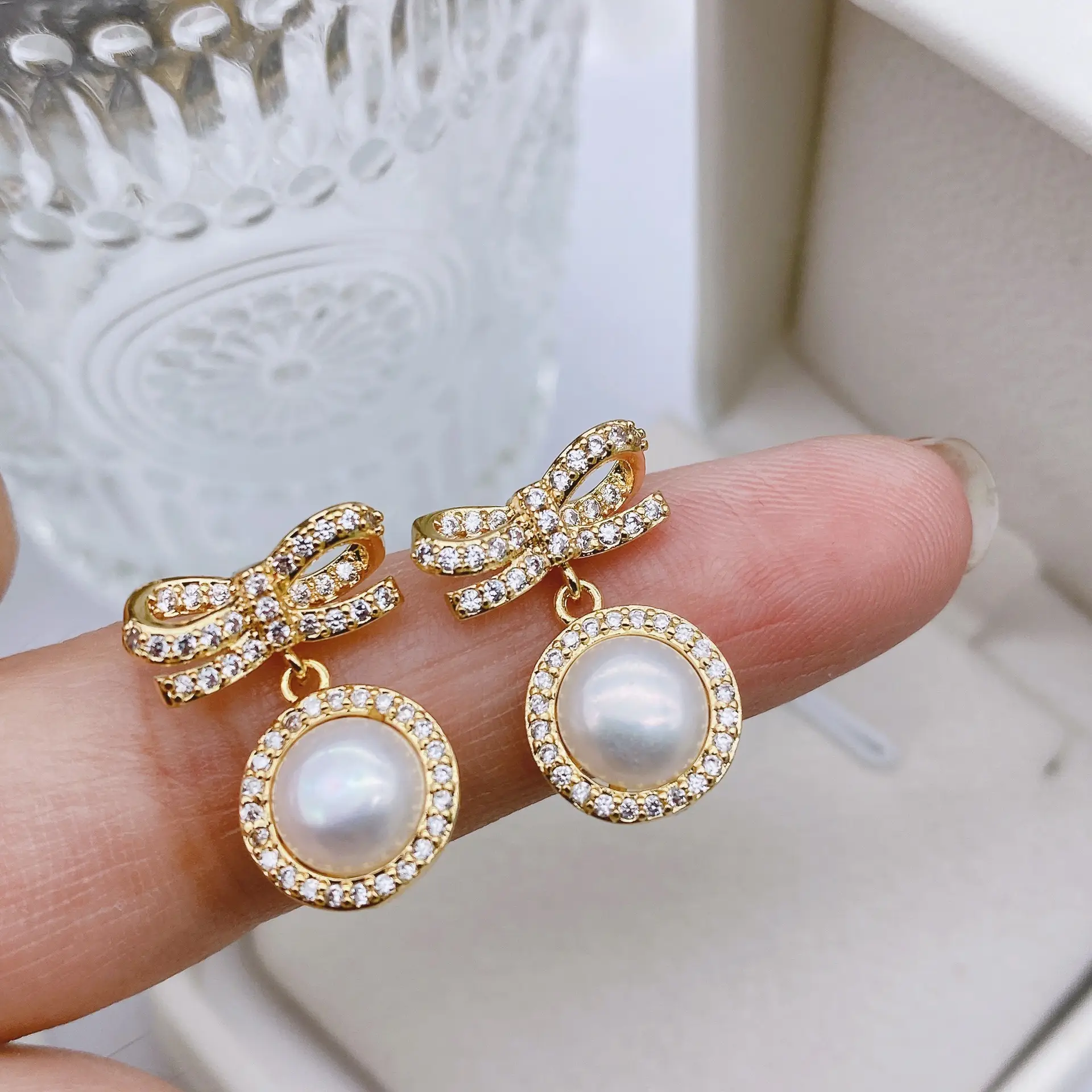 S925 Gold Plated Pearl Bow Earrings for Women