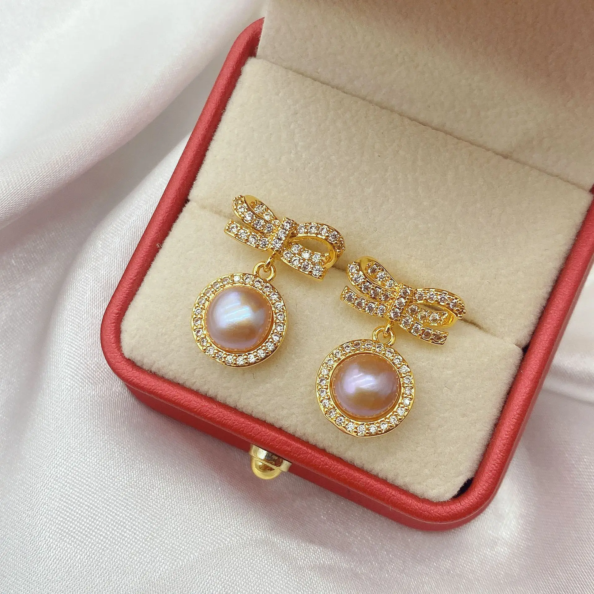 S925 Gold Plated Pearl Bow Earrings for Women