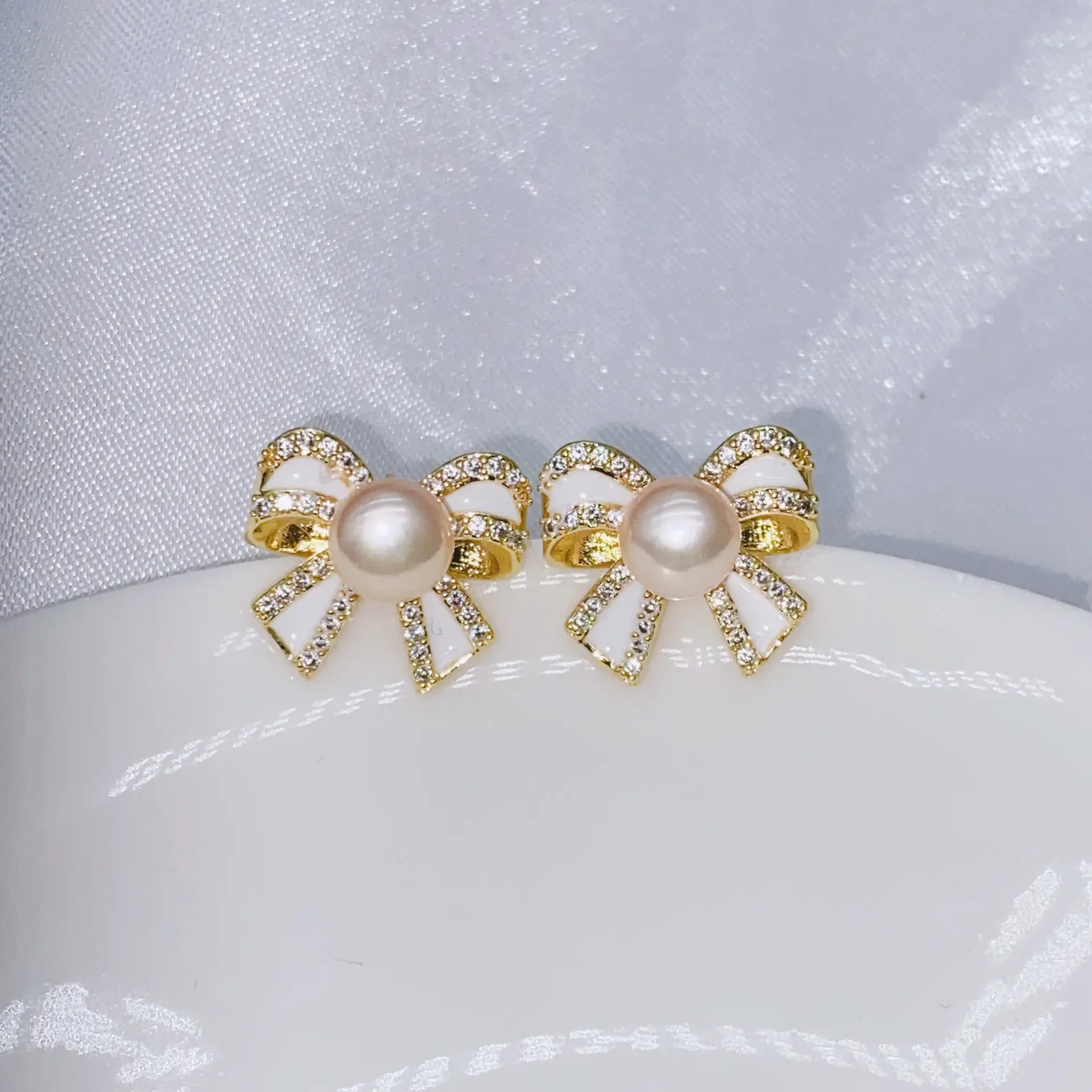 S925 Gold Plated Pearl Bow Earrings for Women