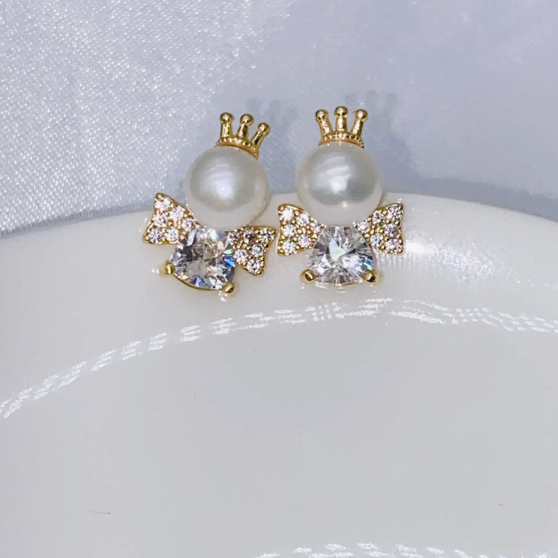 S925 Gold Plated Pearl Bow Earrings for Women