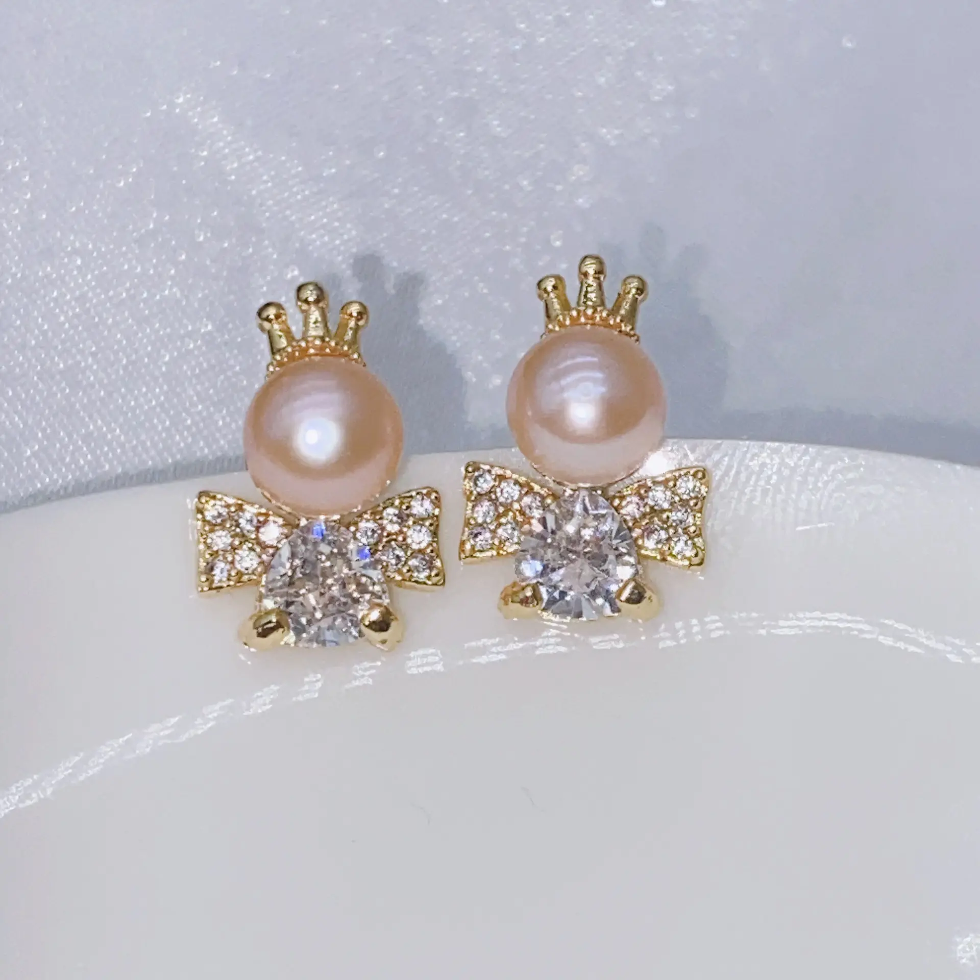 S925 Gold Plated Pearl Bow Earrings for Women