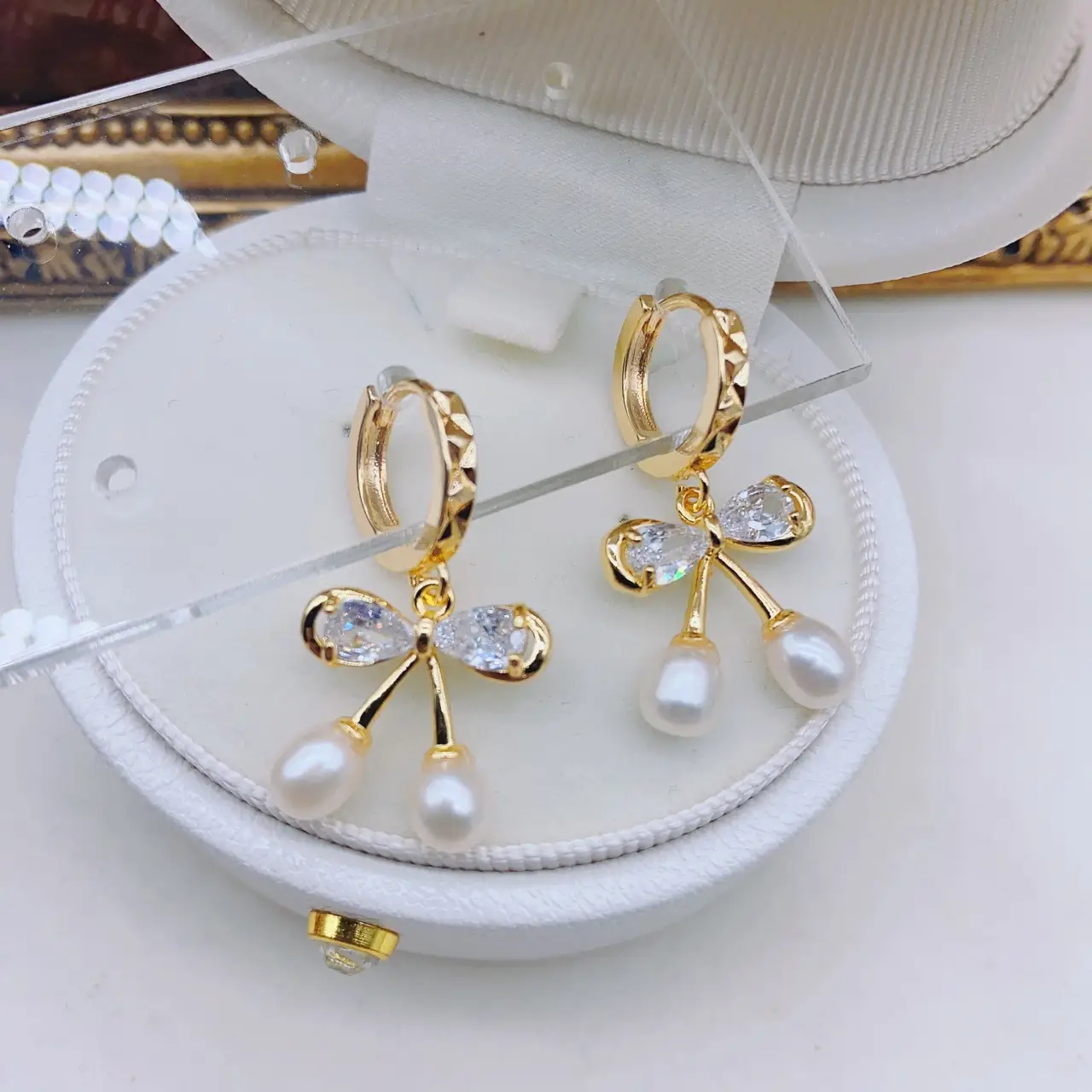 S925 Gold Plated Pearl Bow Earrings for Women