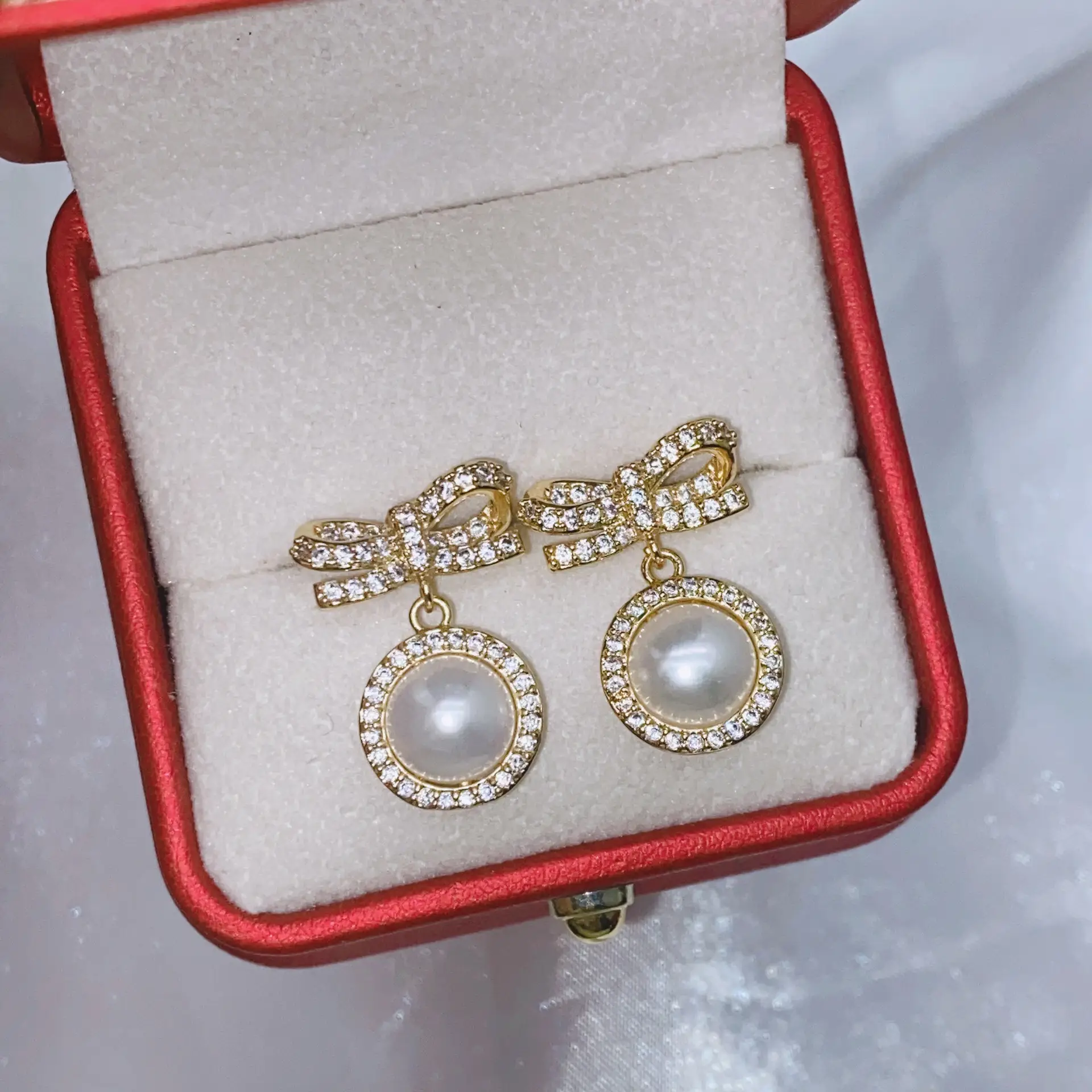 S925 Gold Plated Pearl Bow Earrings for Women