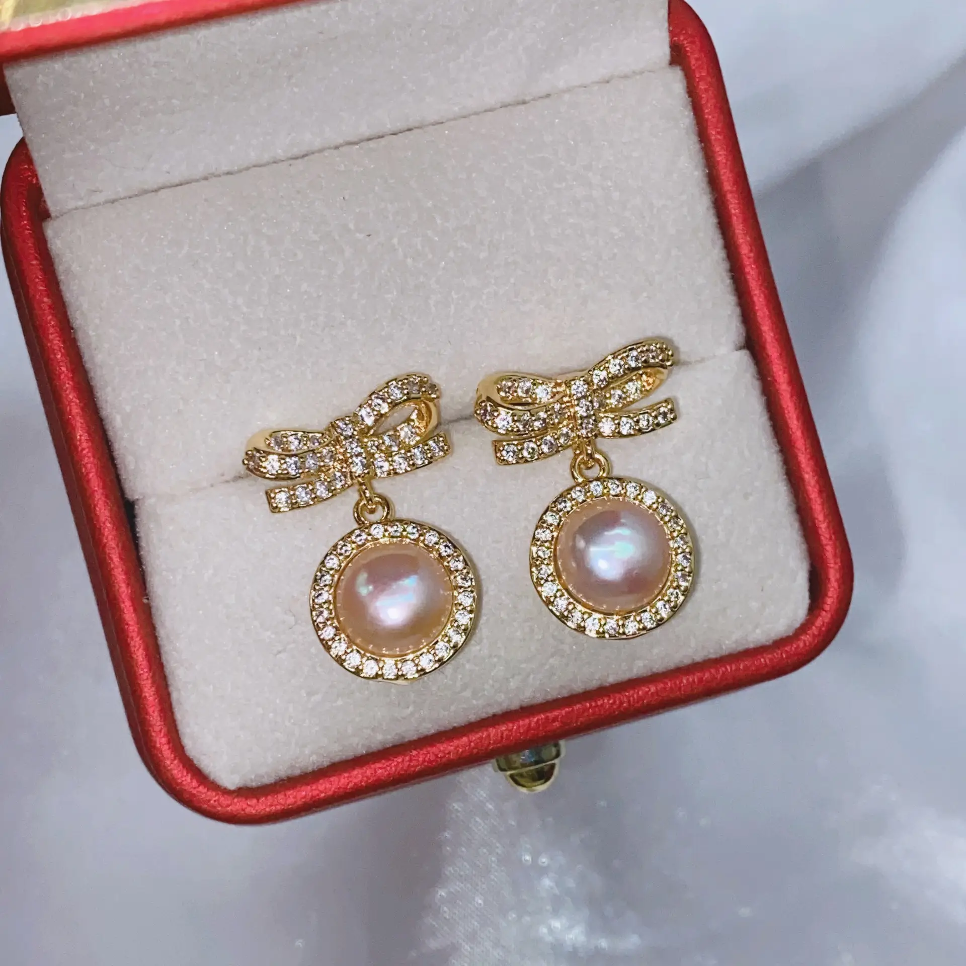 S925 Gold Plated Pearl Bow Earrings for Women