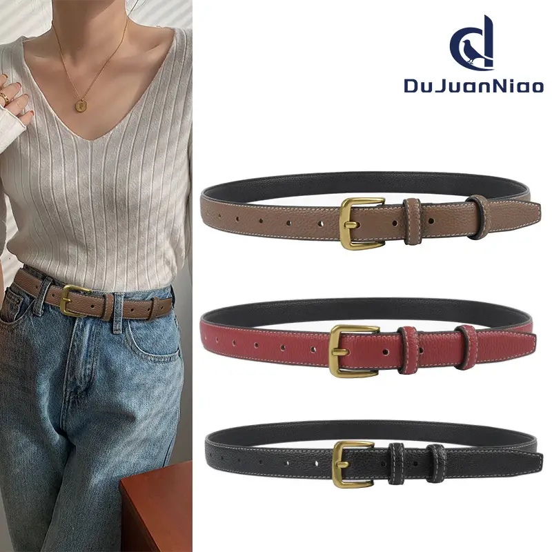 Women's Cowhide Litchi Leather Belt Brown 2.3cm - Image 17