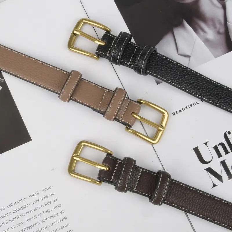 Women's Cowhide Litchi Leather Belt Brown 2.3cm - Image 18