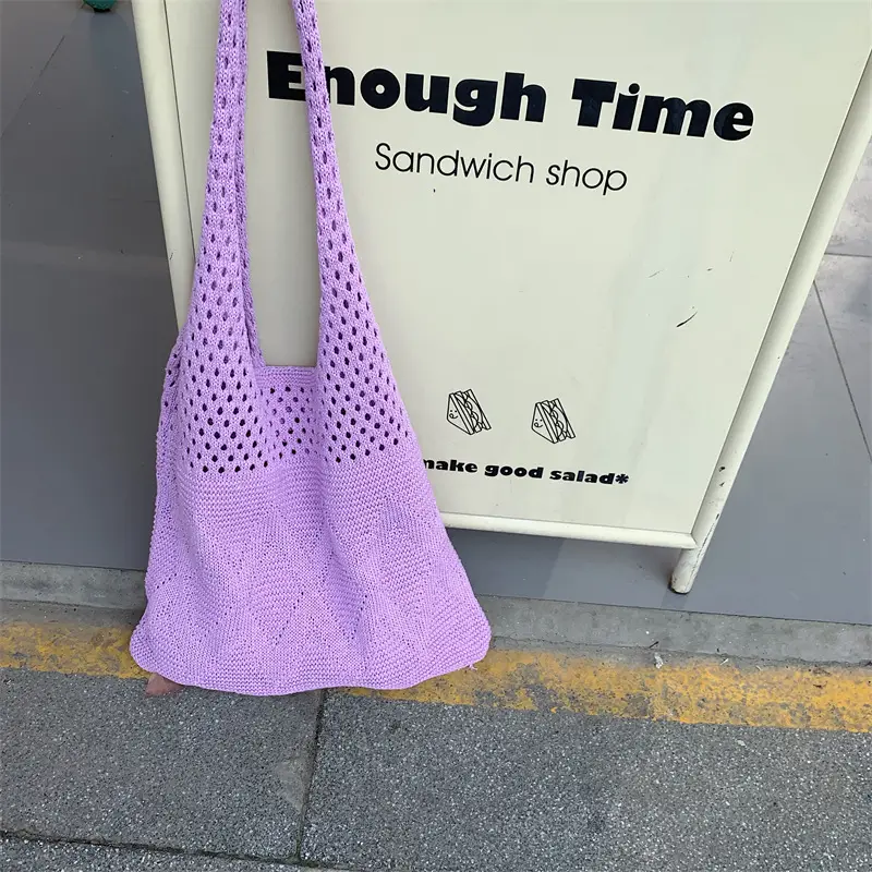 Hollow Knitted Wool Shoulder Bag Purple