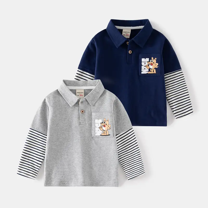 Kids Polo Shirt Navy Blue Long Sleeve Cartoon Print