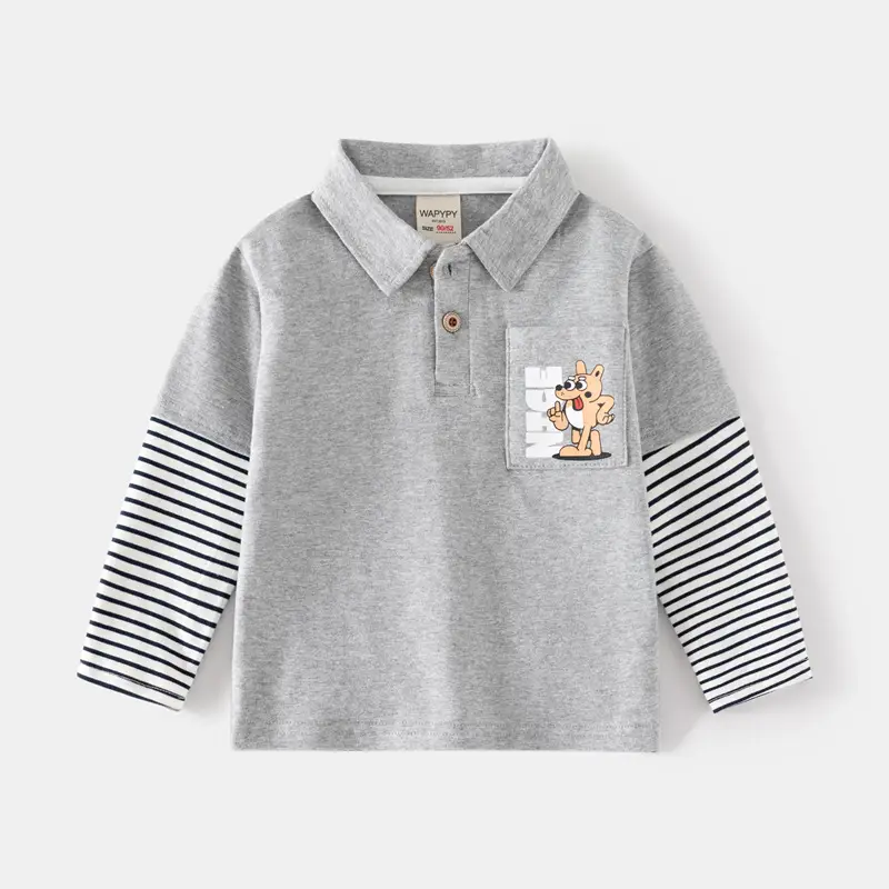 Kids Polo Shirt Navy Blue Long Sleeve Cartoon Print