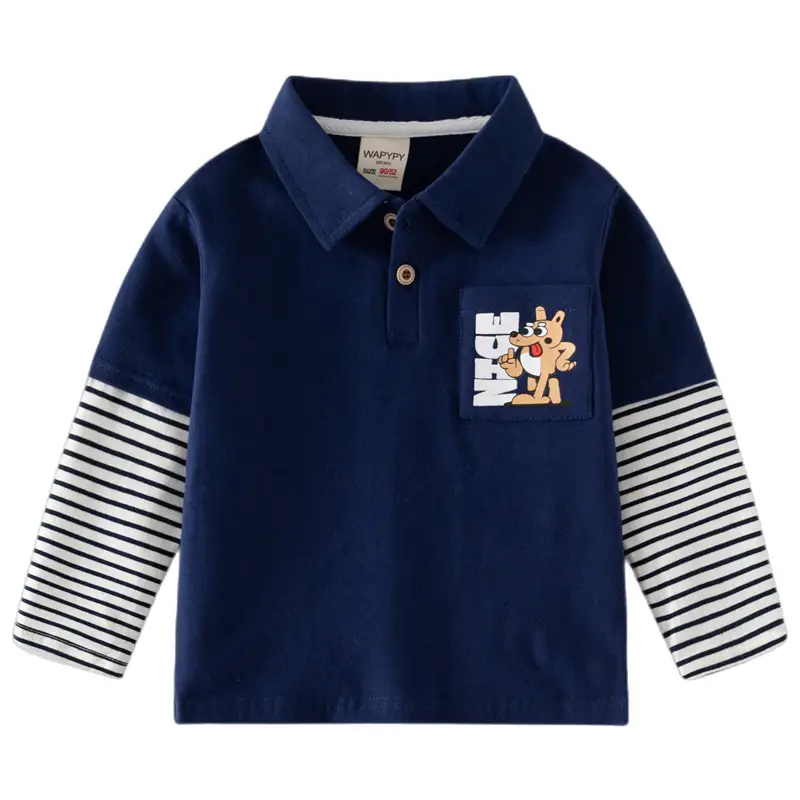 Kids Polo Shirt Navy Blue Long Sleeve Cartoon Print