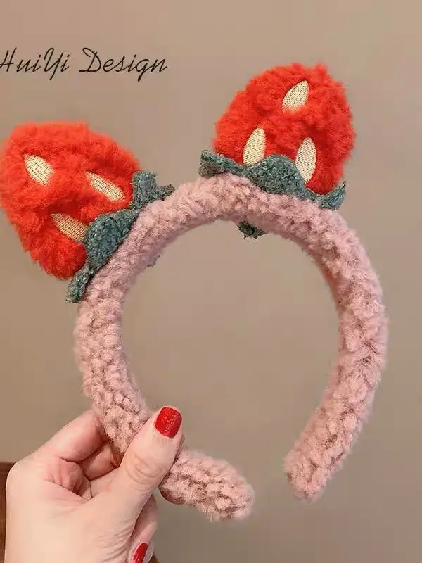 Cute Plush Bear Headband with Cartoon Design Pink