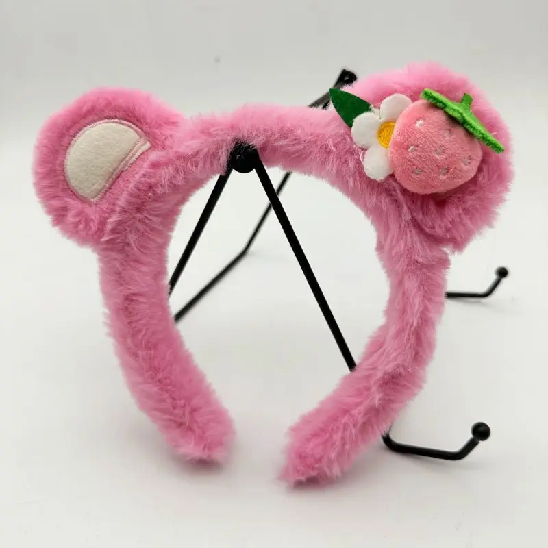 Cute Plush Bear Headband with Cartoon Design Pink