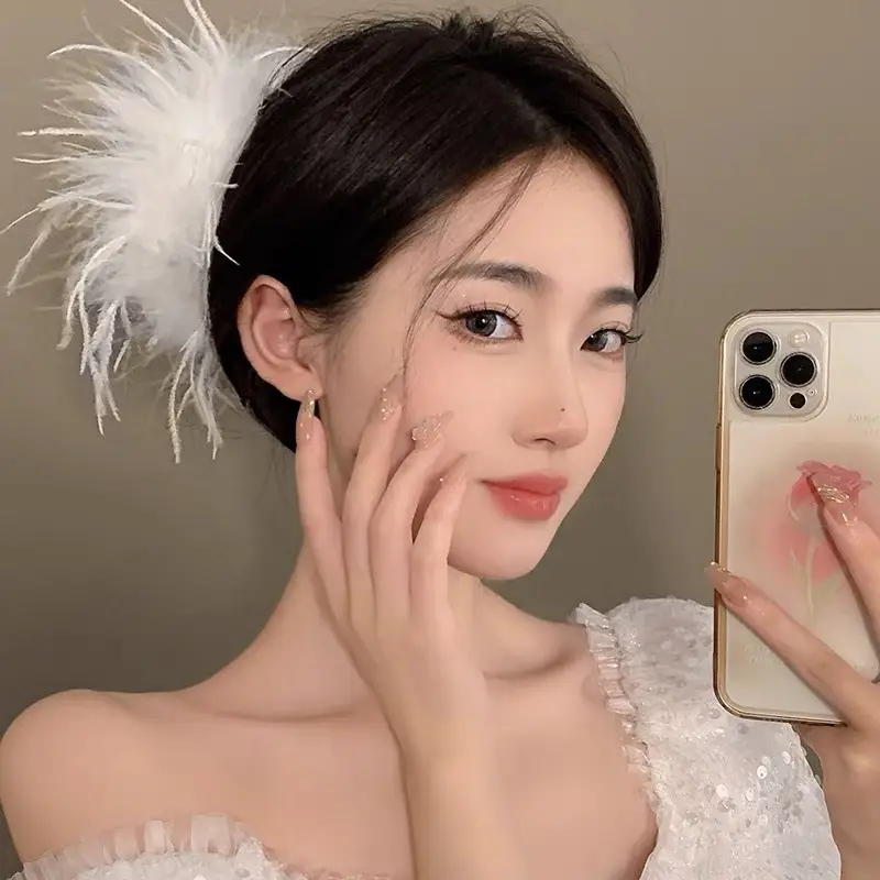 Ostrich Feather Hairpin for Women Back Head Clip Black - Image 14