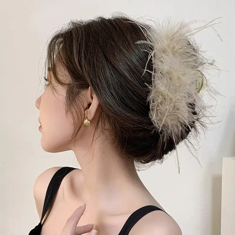 Ostrich Feather Hairpin for Women Back Head Clip Black - Image 16