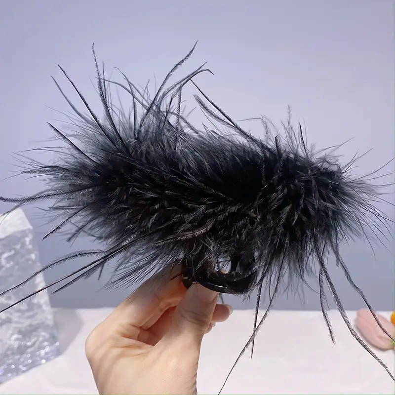 Ostrich Feather Hairpin for Women Back Head Clip Black - Image 11