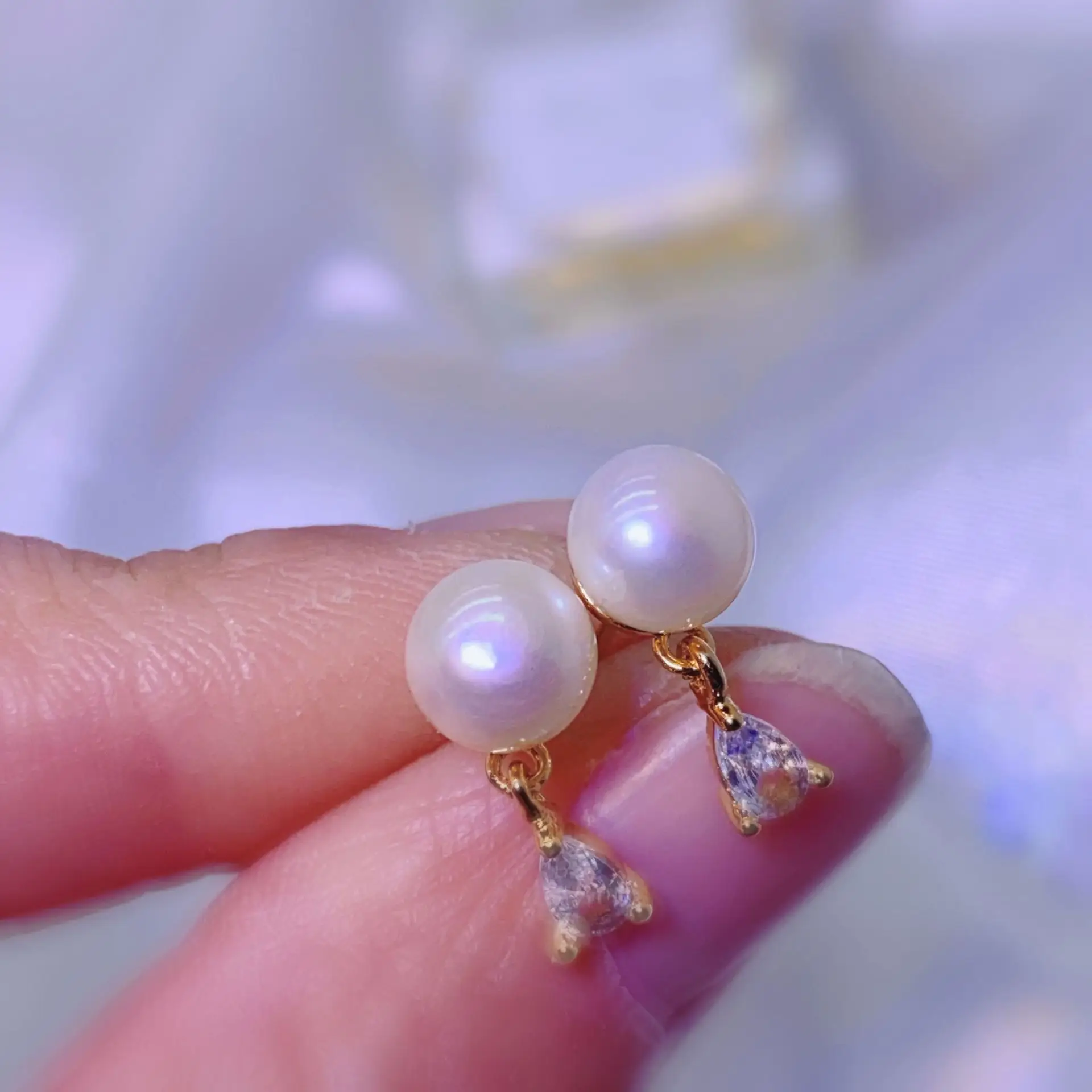 Natural Gray Pearl Earrings with Zircon & Multi Beads