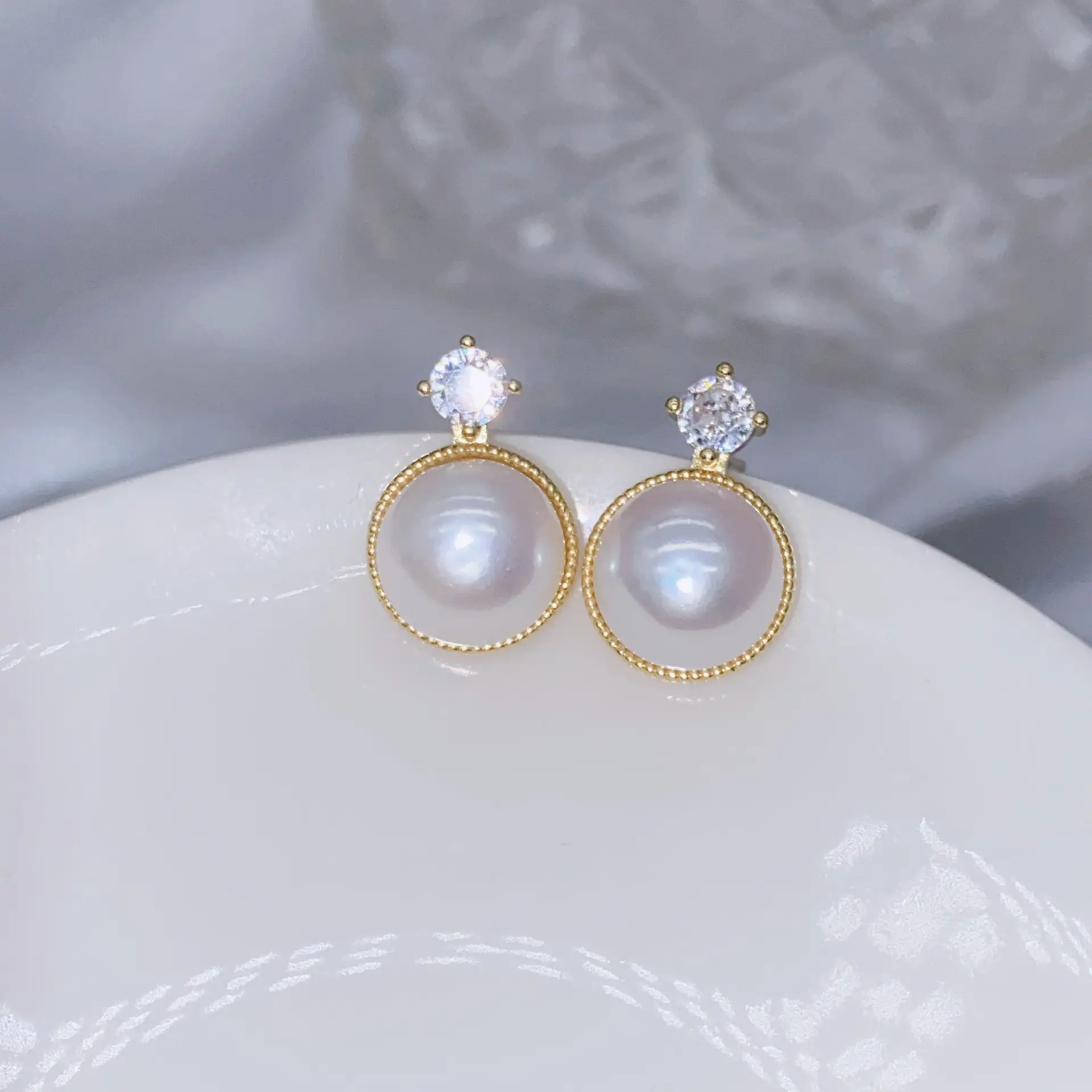 Natural Gray Pearl Earrings with Zircon & Multi Beads
