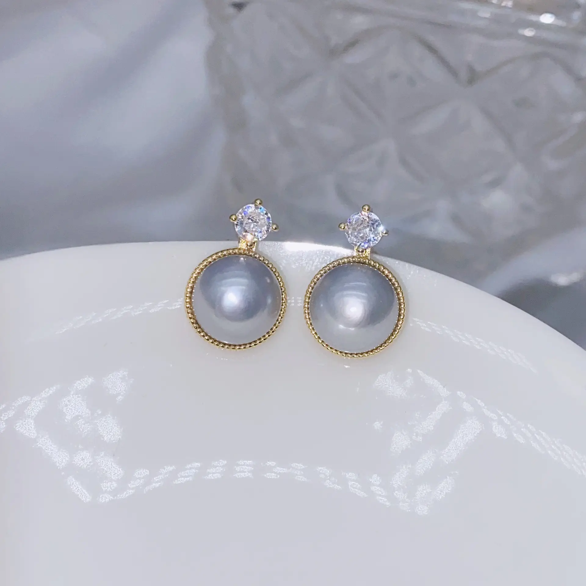 Natural Gray Pearl Earrings with Zircon & Multi Beads