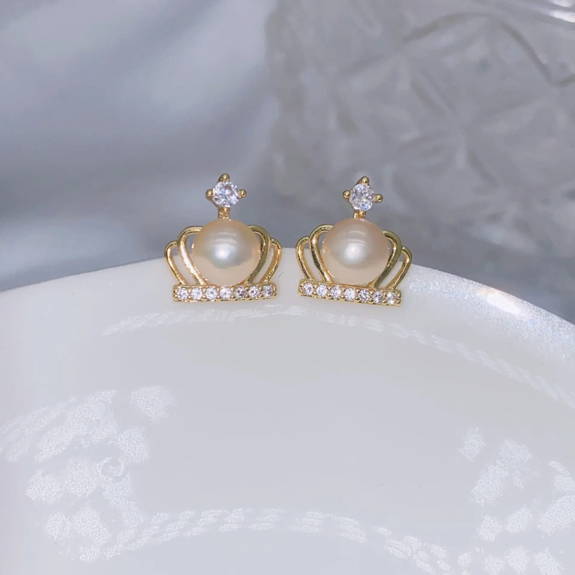 Natural Gray Pearl Earrings with Zircon & Multi Beads