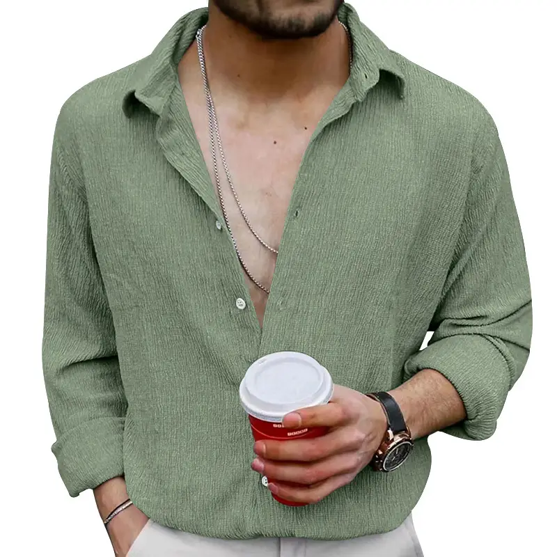 2025 Men's Long Sleeve Lapel Shirt Teal Pure Color - Image 8