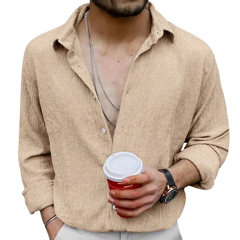 2025 Men's Long Sleeve Lapel Shirt Teal Pure Color - Image 9