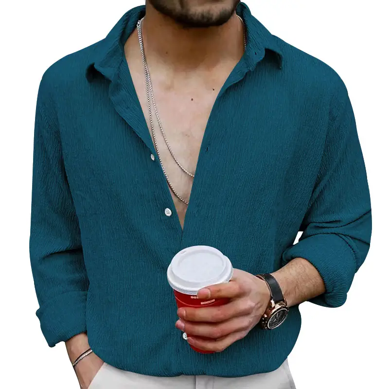 2025 Men's Long Sleeve Lapel Shirt Teal Pure Color - Image 10