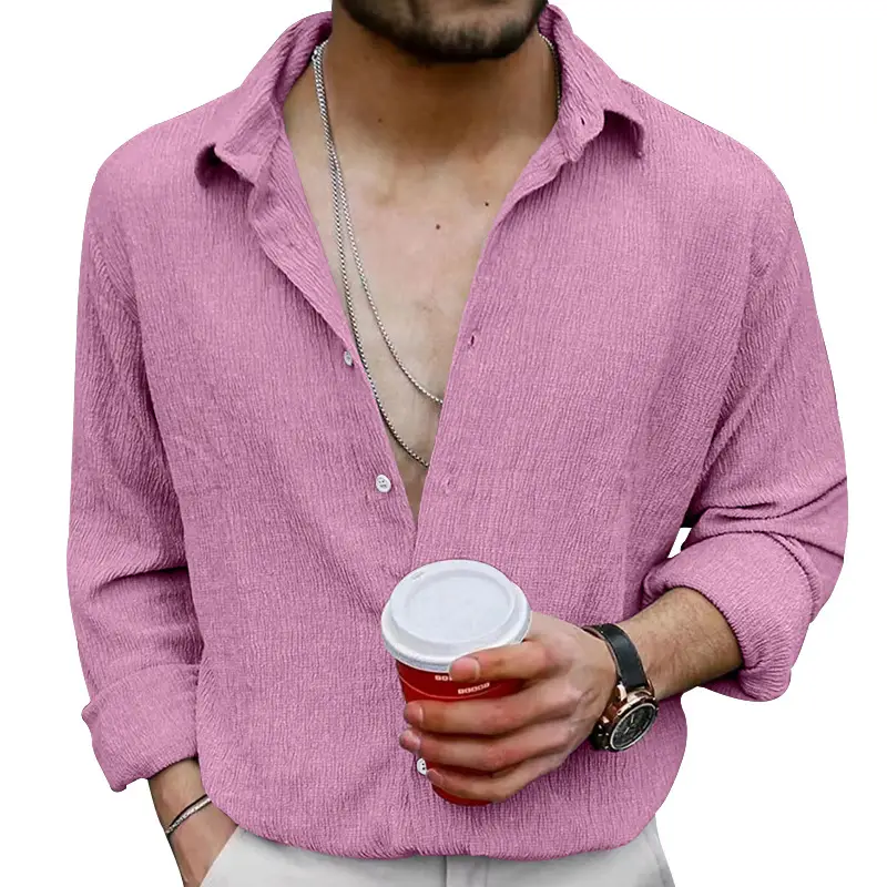 2025 Men's Long Sleeve Lapel Shirt Teal Pure Color - Image 11