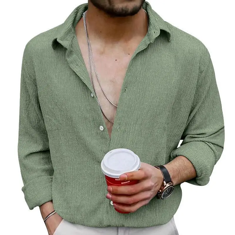 2025 Men's Long Sleeve Lapel Shirt Teal Pure Color — feature 12