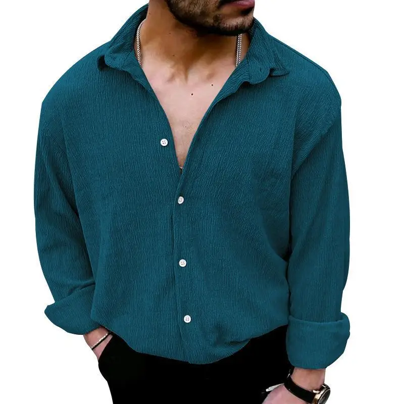 2025 Men's Long Sleeve Lapel Shirt Teal Pure Color — feature 15