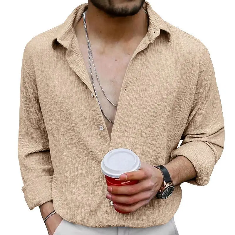 2025 Men's Long Sleeve Lapel Shirt Teal Pure Color — feature 16