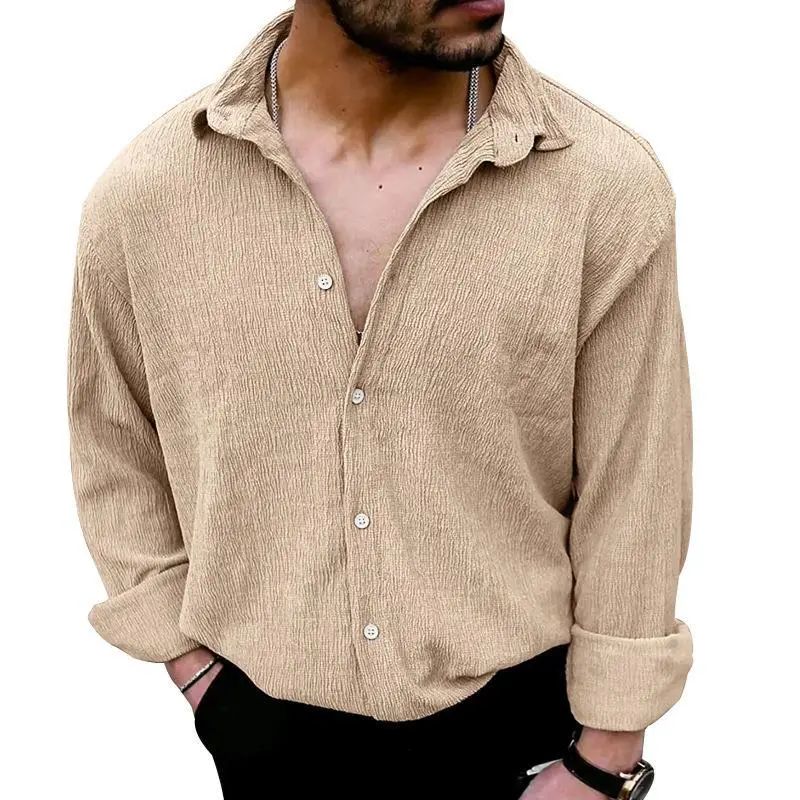 2025 Men's Long Sleeve Lapel Shirt Teal Pure Color — feature 17