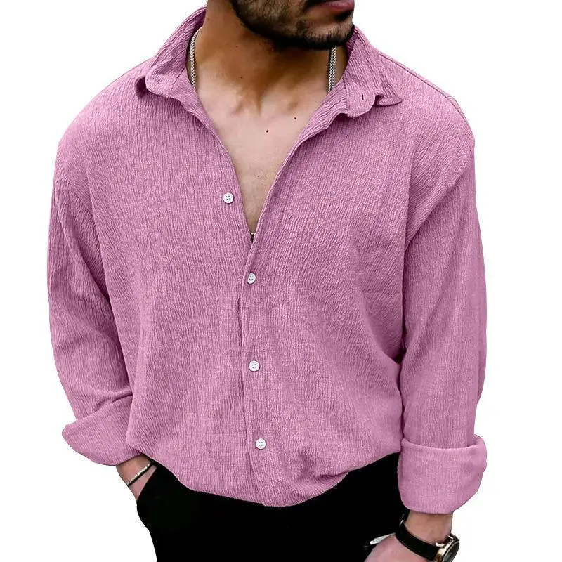 2025 Men's Long Sleeve Lapel Shirt Teal Pure Color — feature 19