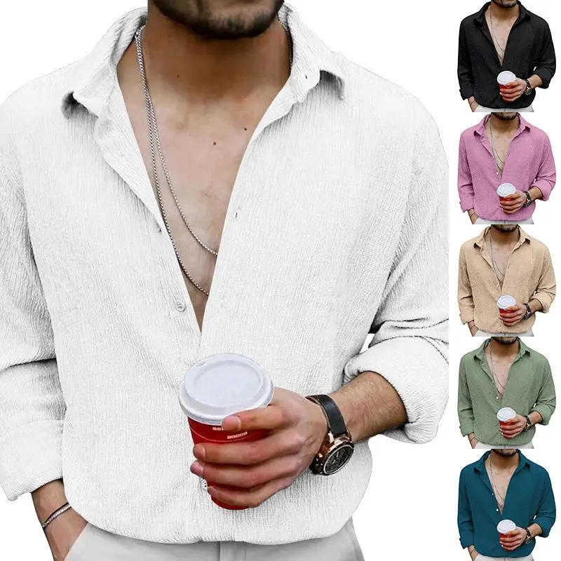 2025 Men's Long Sleeve Lapel Shirt Teal Pure Color — feature 3