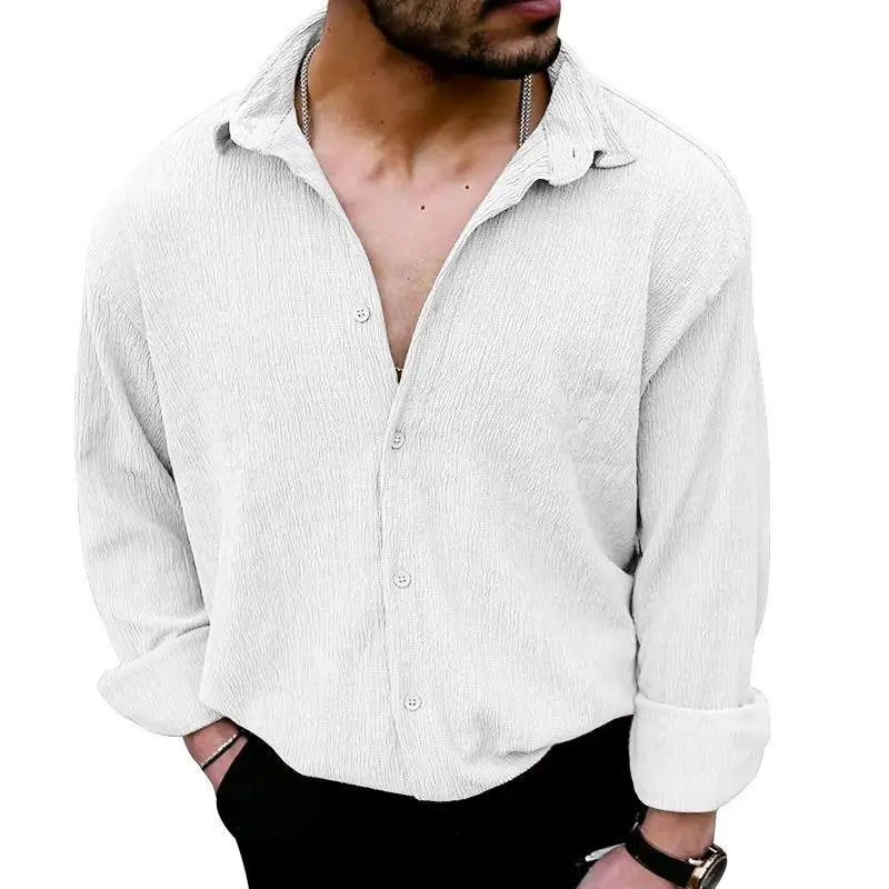2025 Men's Long Sleeve Lapel Shirt Teal Pure Color — feature 8